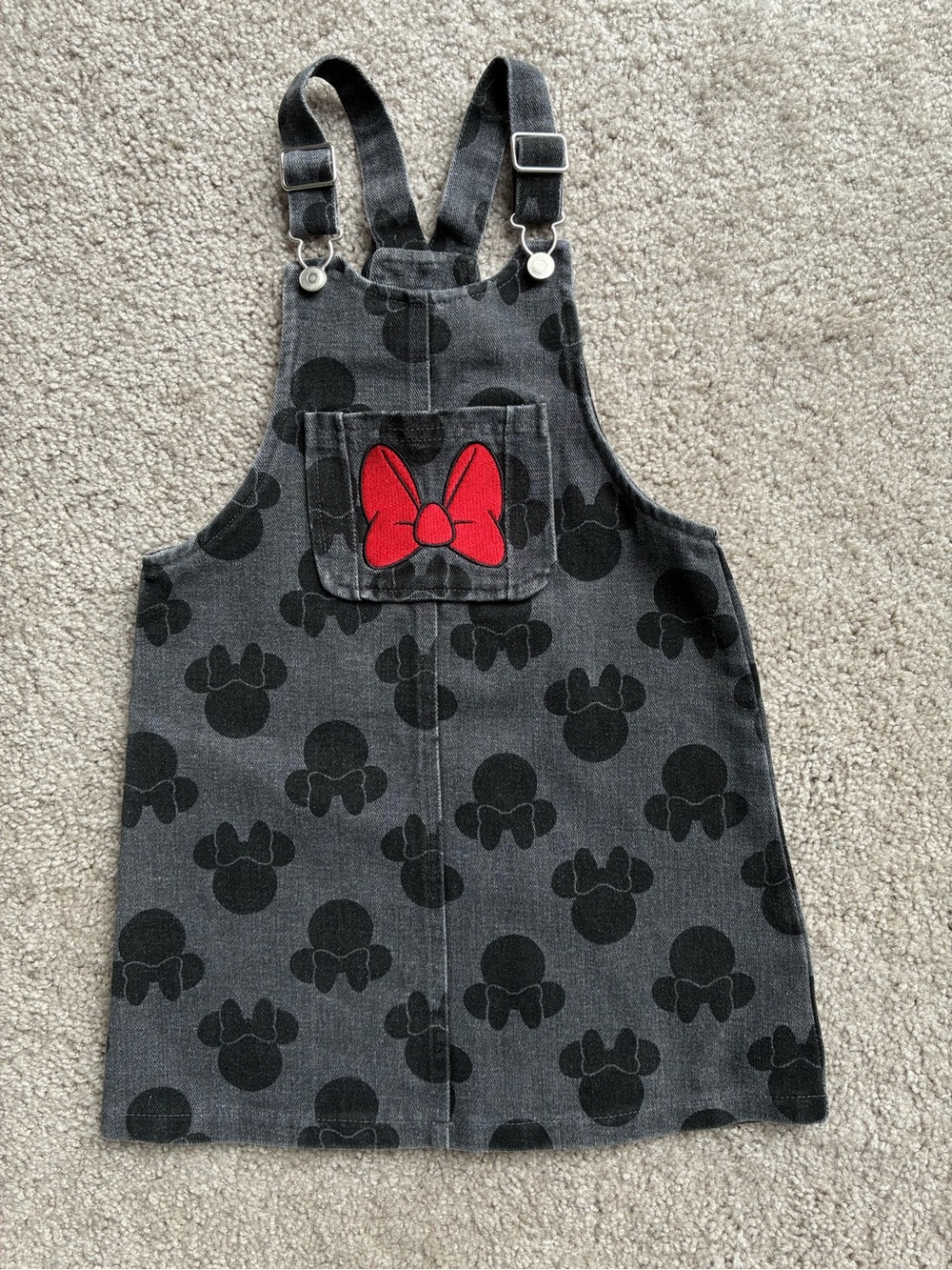 Disney Minnie Mouse Black Gray Denim Overall Dress with Red Bow